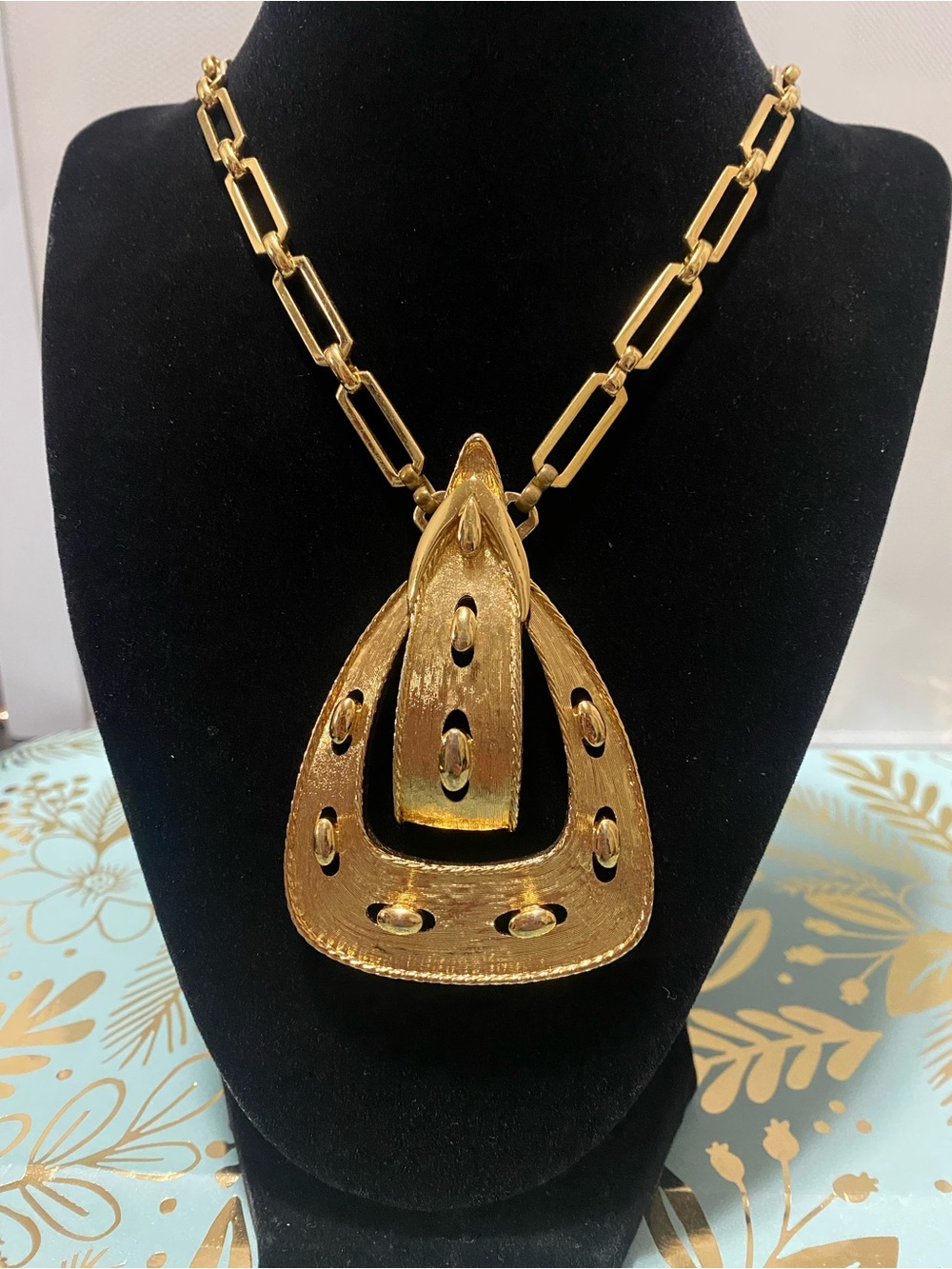 Vintage 1960s/70s MONET Gold Tone Belt Buckle Statement Pendant Necklace